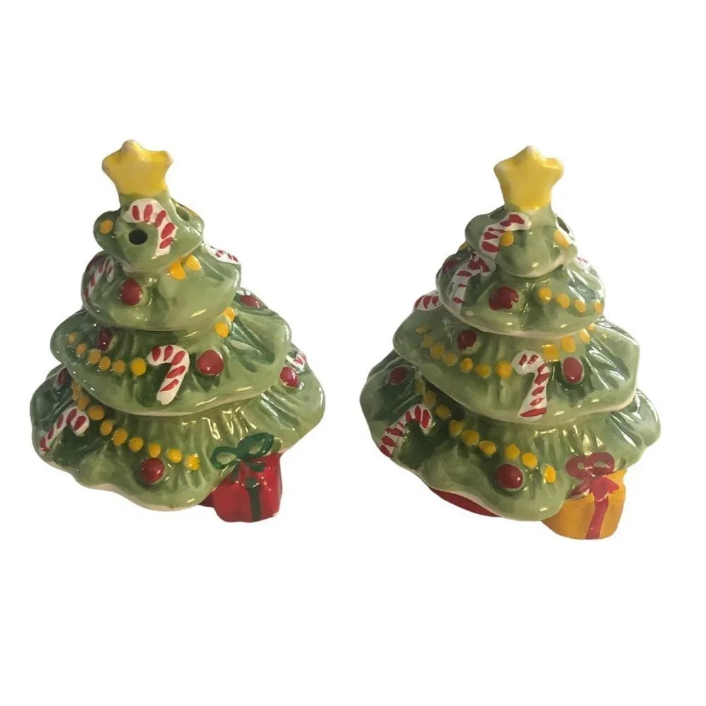 Omnibus OCI (Fitz & Floyd) "Christmas Tree" Salt & Pepper Shakers Set Xmas Box